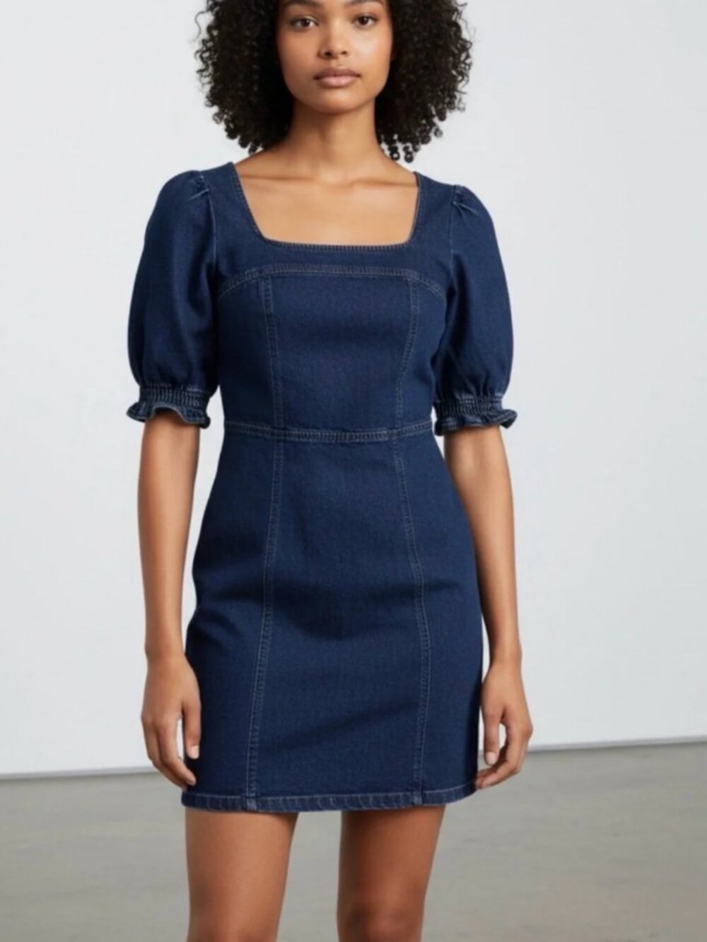 *Betsey Johnson* Blue Denim Square Neck Puff Sleeve Mini Dress Zip Back - Medium